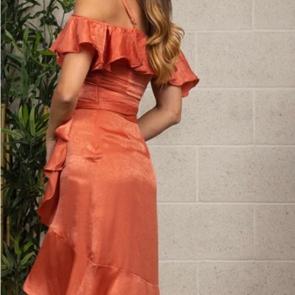 #44 COPY - Orange Satin Ruffle Wrap Asymmetric Party Dress - Picture 3 of 9